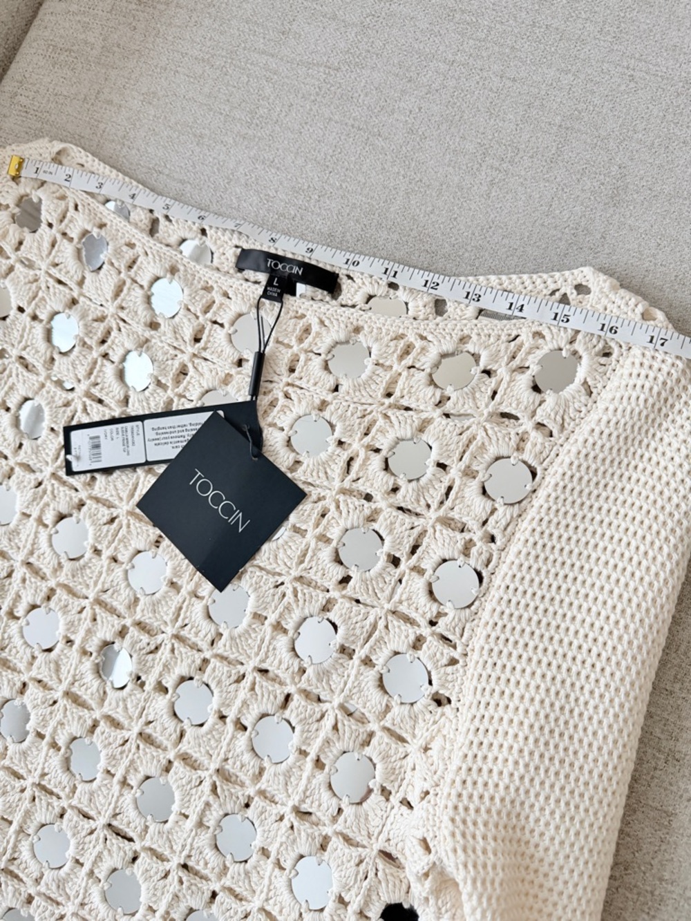 🌞 Toccin Camilla Mirrored Crochet Fringe Sweater Top Cream Off-White Large L - Picture 8 of 14
